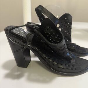 RAG & BONE Wyatt Perforated Black Leather Chunky Sandals Heels Slingback.
